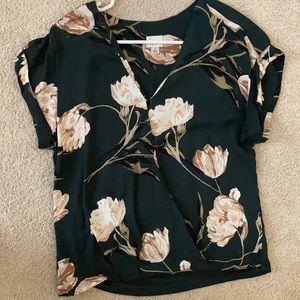 Green Floral Short Sleeve Wrap Top